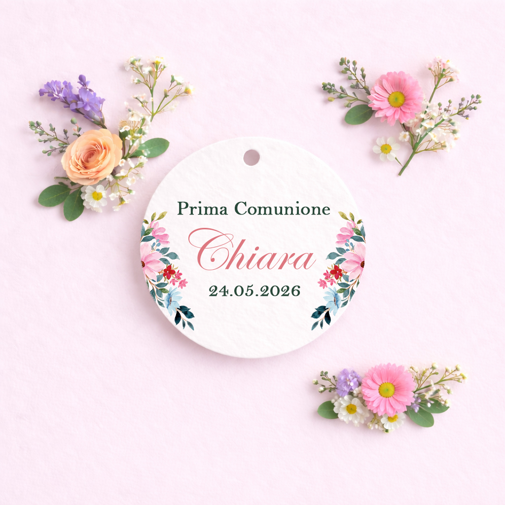 Tag Comunione personalizzati fantasia floreale rosa