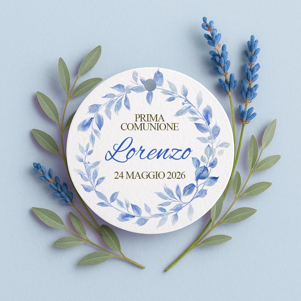 Tag Comunione personalizzati fantasia floreale azzurra